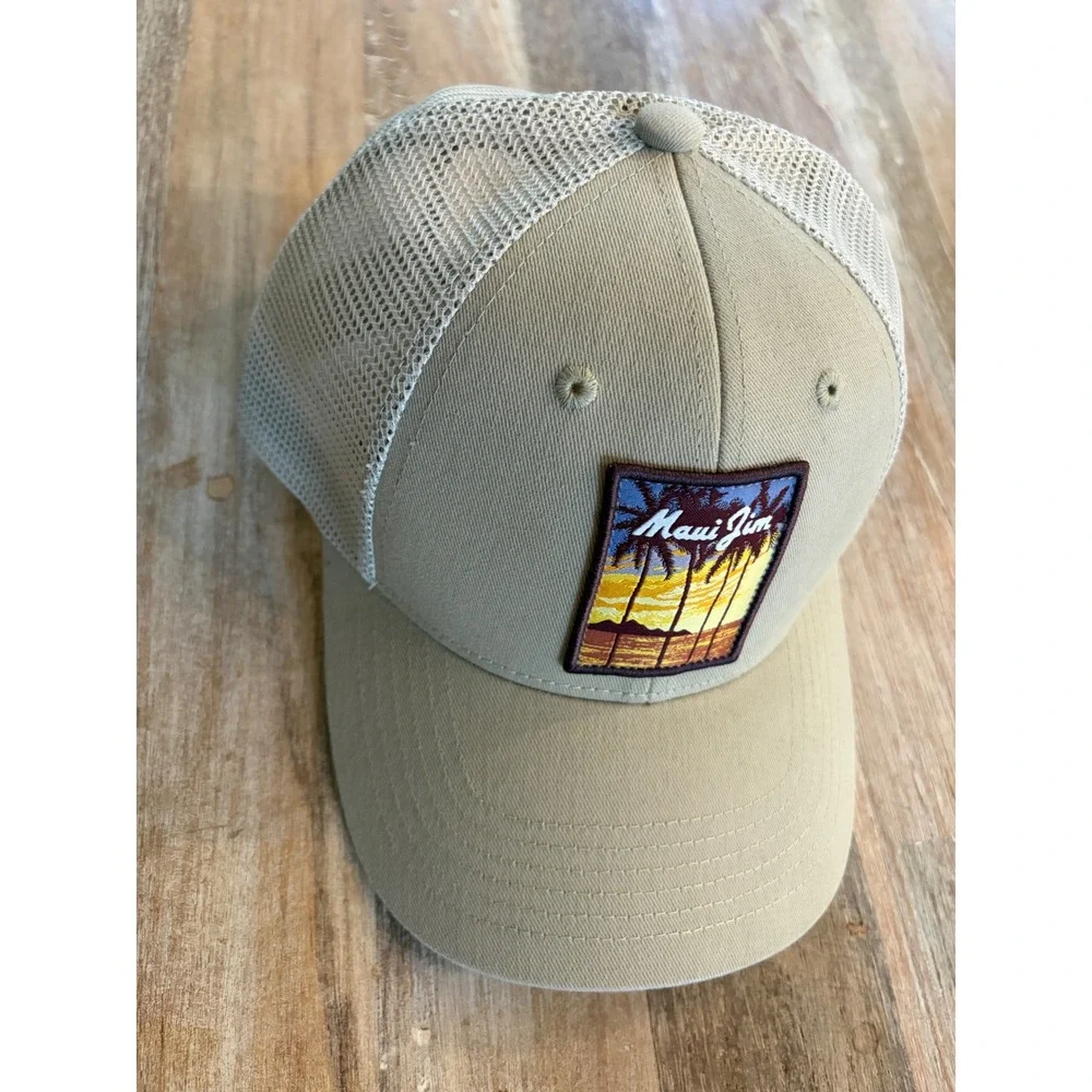 Maui Jim Tan Khaki Mesh Trucker Hat Sunset Palm Tree Patch Adjustable Cap Unisex